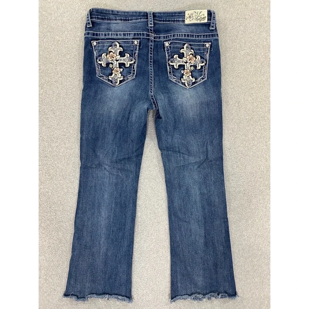Grace In LA Womens Size 14 Denim Jeans w/Embroidery Cross Pockets Bling Studs